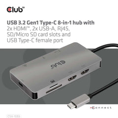 Club3D USB-C 3.2 Gen 1 8-in-1 Hub with 2X HDMI/2X USB/RJ45/SD/Micro SD Card Slots and USB-C Female Port Adapter Gray