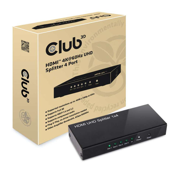 Club3D HDMI 4K60HZ 2.0 UHD Splitter 4 Ports Adapter Black