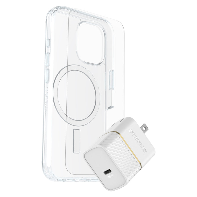 OtterBox Protection+Power Kit (Symmetry Clear MagSafe w/Glass + Wall Charger 30W White) for iPhone 16