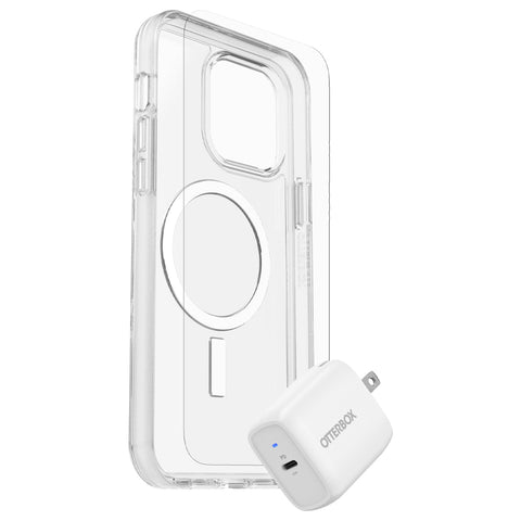 OtterBox Protection+Power Kit (Symmetry+ with MagSafe Clear w/Trusted Glass Screen Protector and Wall Charger 20W White) for iPhone 14 Pro Max